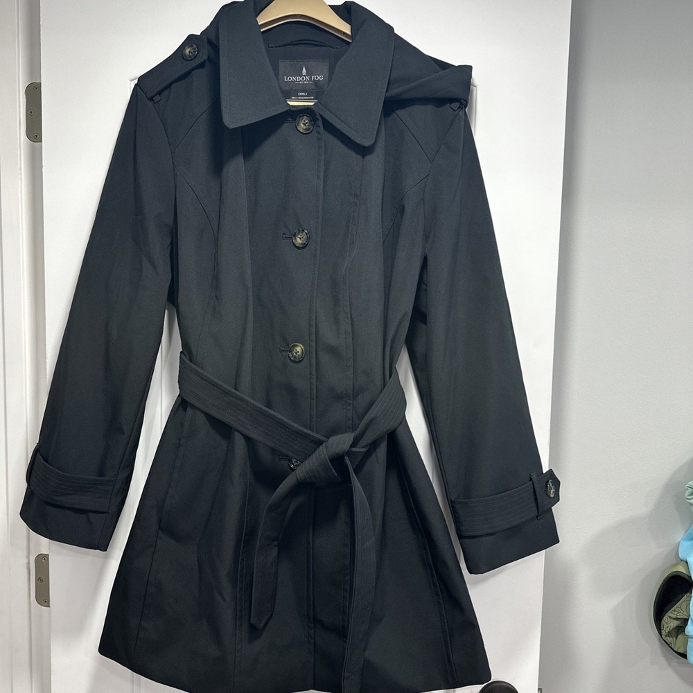 NWT London Fog Women's Belted removable Hood Trench Coat Stone Black XXL